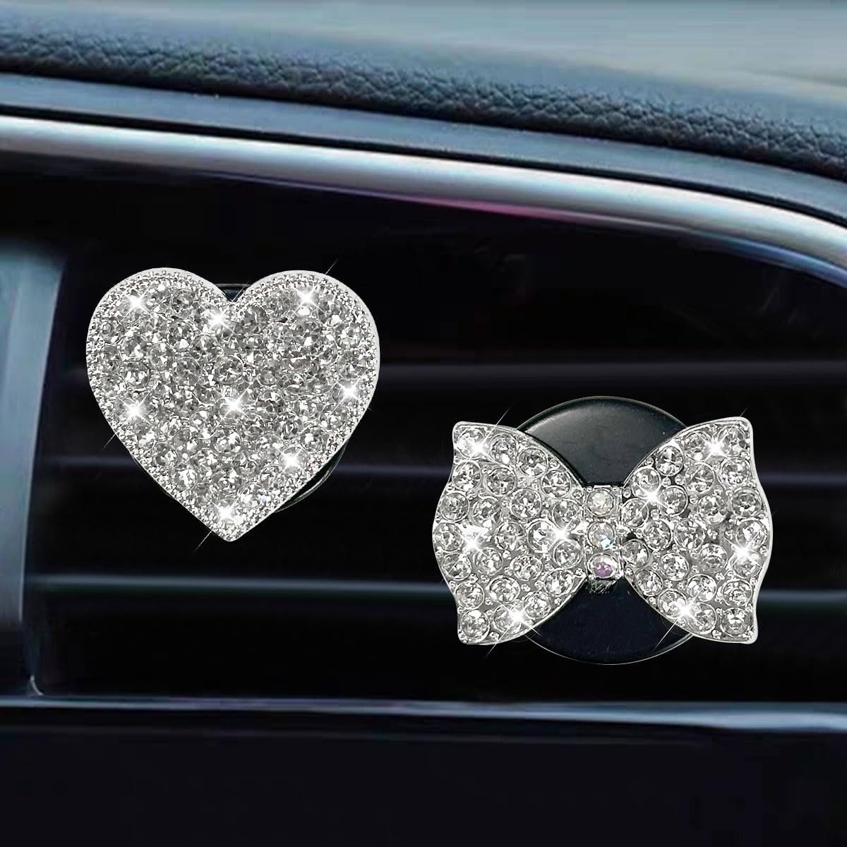 2PCS Bling Heart & Bow Car Air Vent Clips, Crystal Rhinestone Air Conditioning Outlet Clip Charm, Cute Sparkling Vehicle Interior Decoration Accessories for Women Girls (Silver)