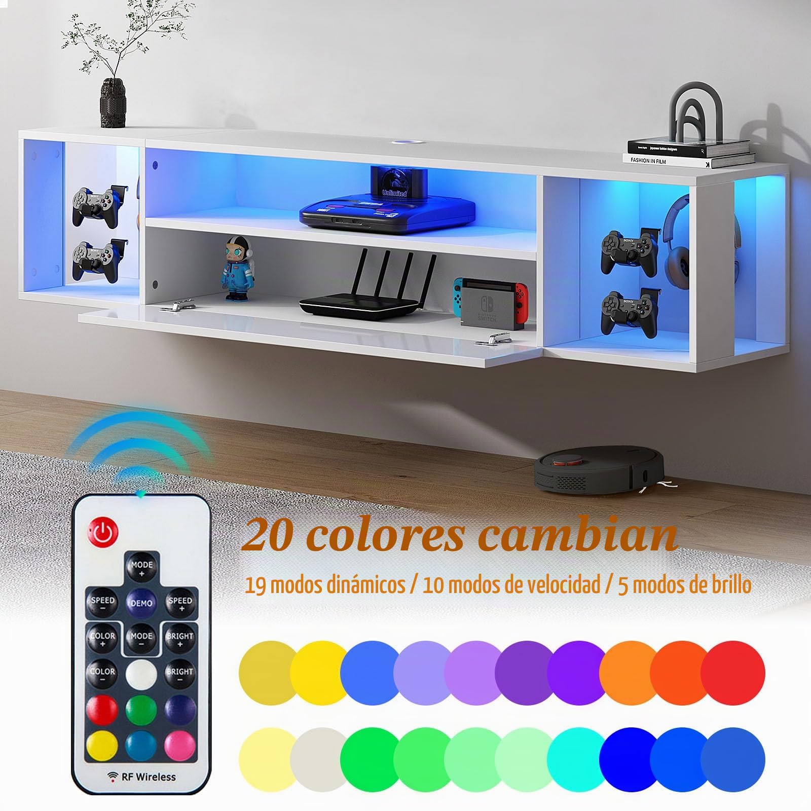 DlandHome - Mueble de TV flotante con luces LED, 140 cm, soporte para TV colgante brillante con almacenamiento estante, banco de TV, pared flotante, consola multimedia con ganchos para mandos y gancho
