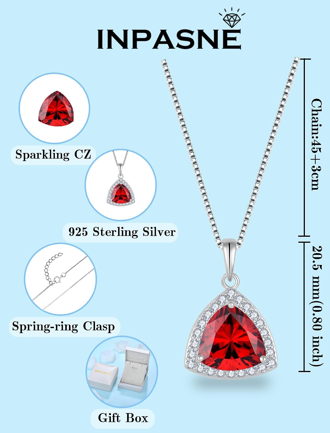 Triangle Jewelry Set for Women 925 Sterling Silver Halo Garnet Necklace Dangle Drop Leverback Earrings January Birthstone Jewelry for Her