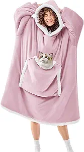 JOYWOO Purple Oversized Wearable Blanket Hoodie, Cat lovers Long Hoodie Blanket for Adult,Birthday Gifts for Women Men Wife,Cozy Fuzzy Sherpa Fleece Hooded Blanket Giant Pocket Gifts,Purple Oversize