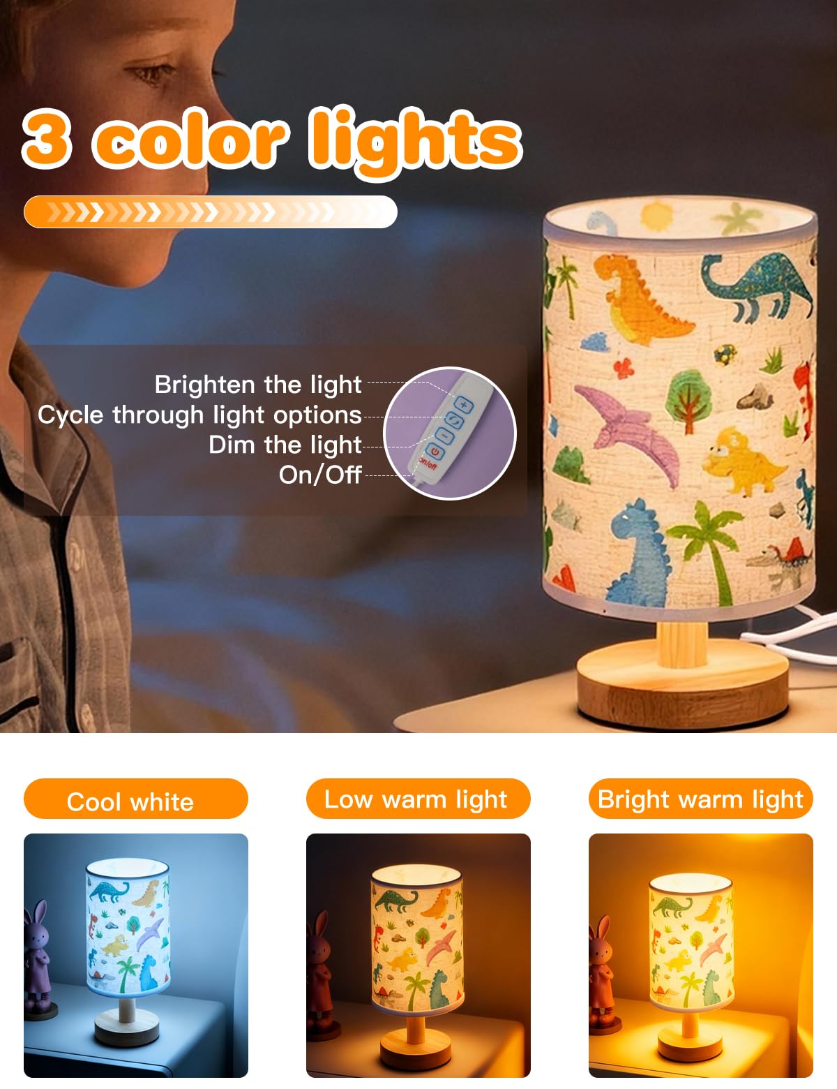 Kinder-Tischlampe für Schlafzimmer, Dinosaurier-Raumdekoration für Jungen, 3 Ebenen, dimmbar, Holz, Nachttisch, Schreibtischsockel, Flachsstoff, Lampenschirm für Schlafzimmer, Wohnzimmer