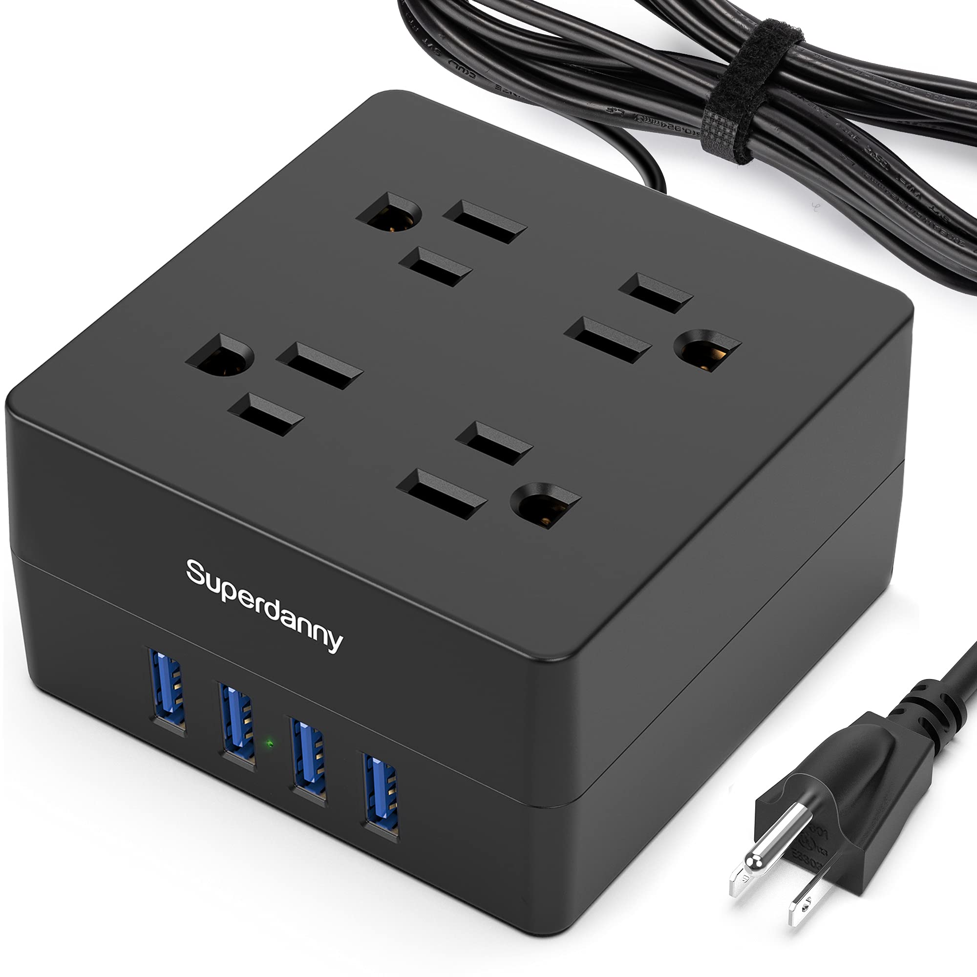Power Strip USB Surge Protector - SUPERDANNY 9.8ft Mountable Charging Station with 4 Widely Spaced Outlets & 4 Smart USB Ports, Desktop Extension Cord for Home, Office, Hotel, Dorm, Room, RV, Black
