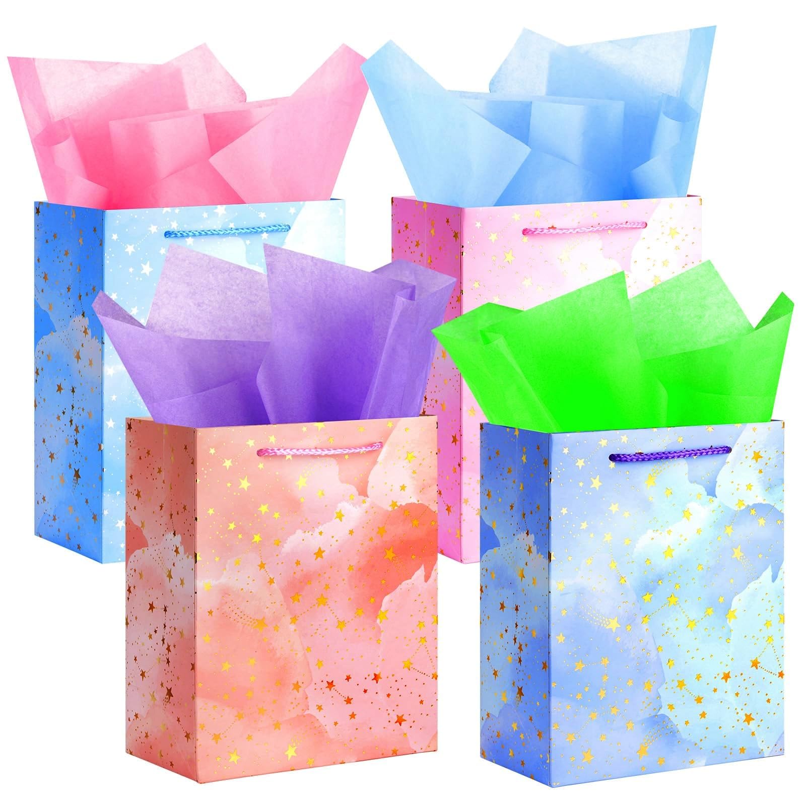 AMFUN Sacchetti in Carta con Maniglia e Nastro, 2 Pezzi Regalo con 4 Veline e 2 Biglietti per Compleanno, Matrimonio - 20 x 28 x 10 cm