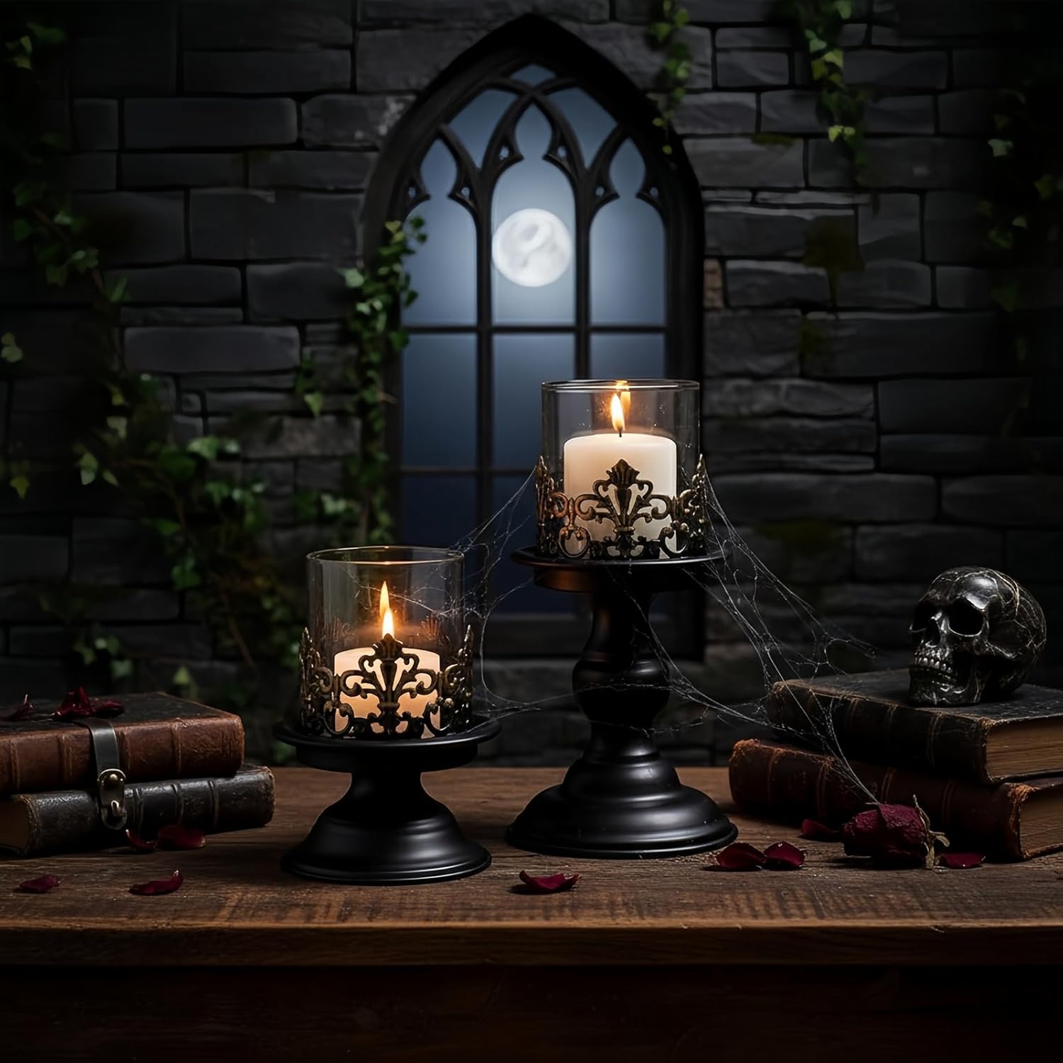 Gothic Hurricane Candle Holders, Black Metal with Glass Sleeve, Set of 2 Decorative Pillar Holders, 5.9 and 7.9 Inch Height, 4 Inch Diameter