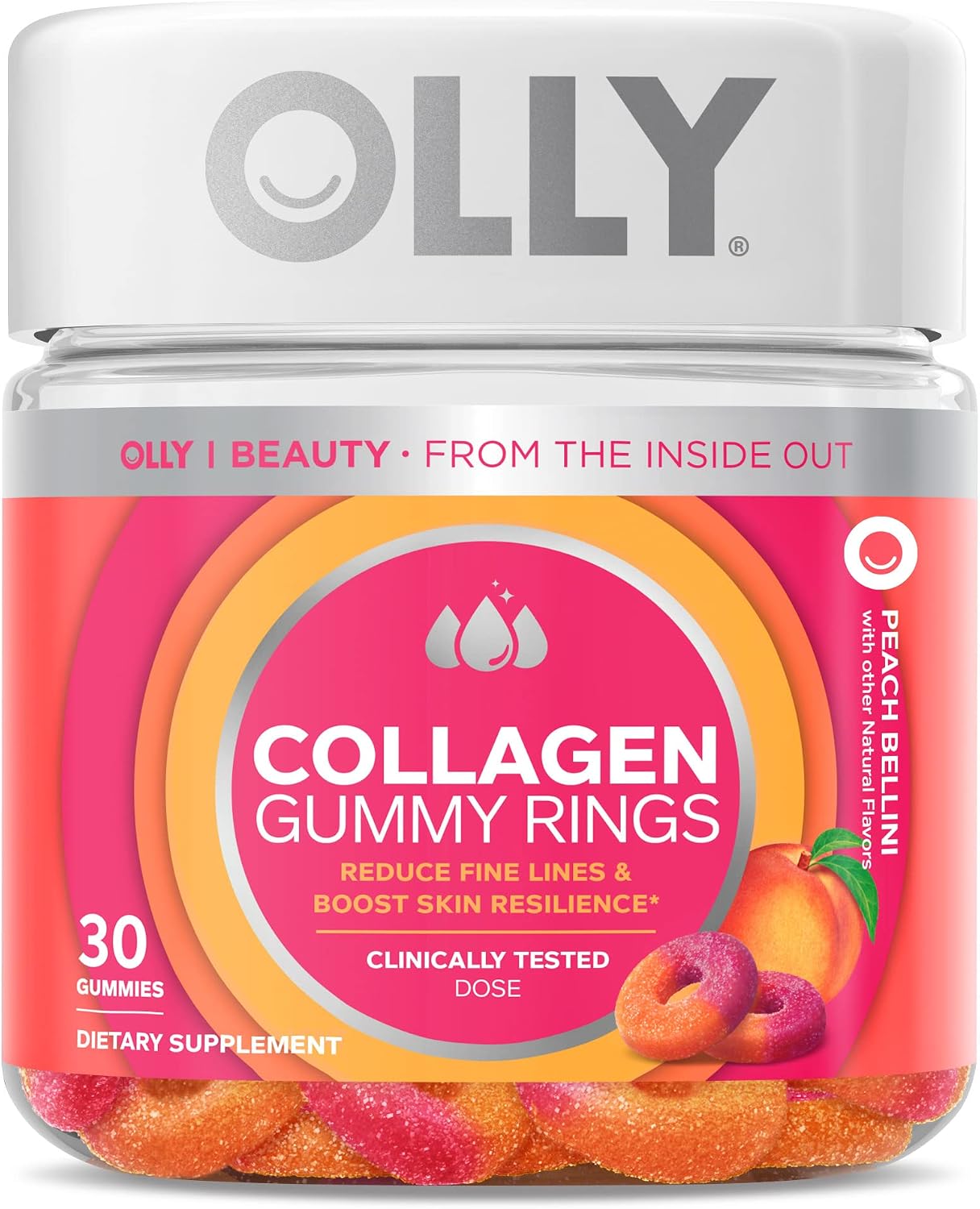 OLLY Collagen Gummy Rings, 2.5g of Clinically Tested Collagen, Boost Skin Elasticity & Reduce Wrinkles, Adult Supplement, Peach Flavor