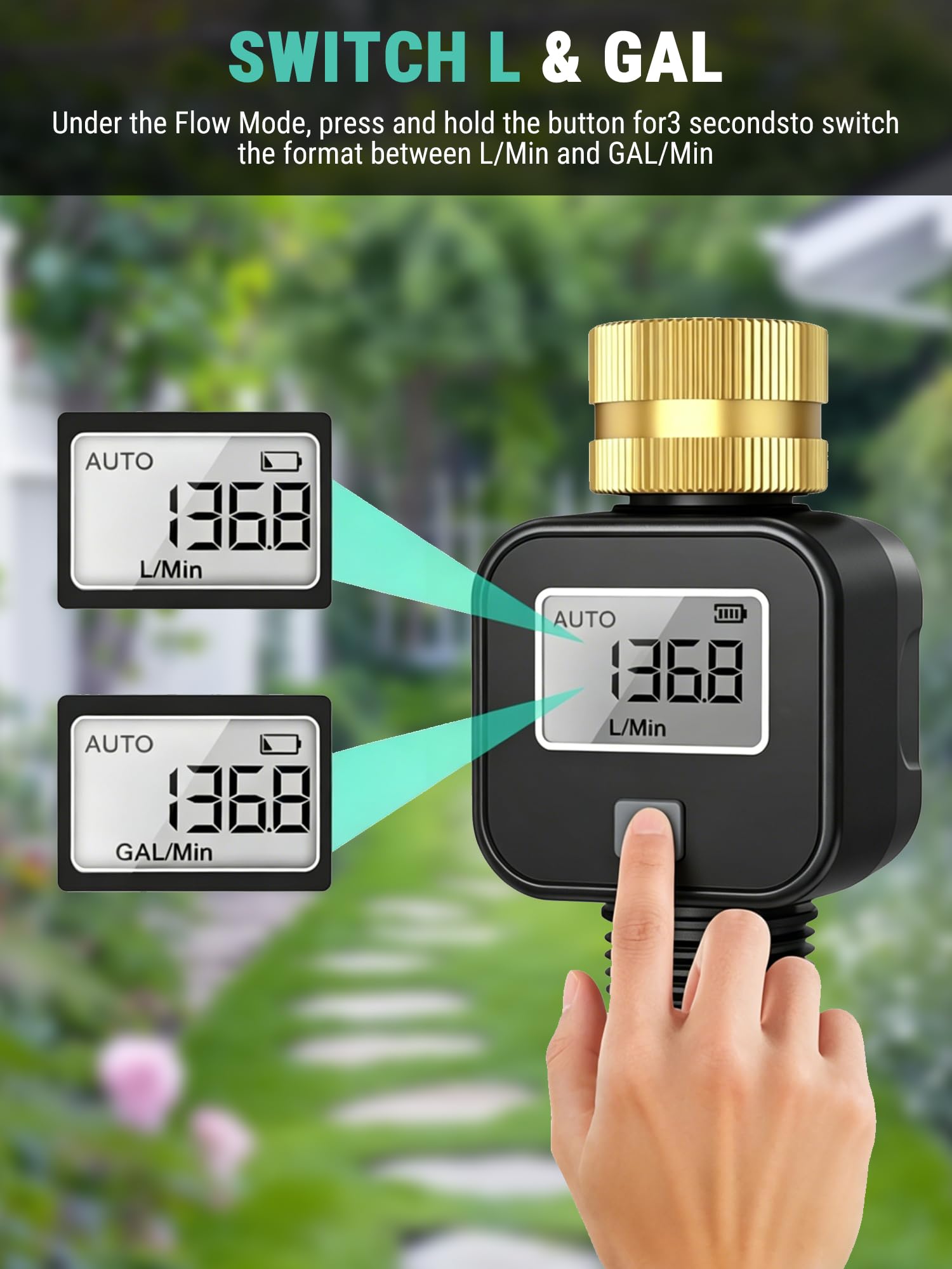 VOBOR Digitaler Wasserzähler 3/4 zoll, 4 Modi zur Kontrolle des Wasserverbrauchs, 180° Drehbarer Praktischer Wasseruhr mit Messing Einlass, Durchflussmesser für Wohnmobile, Gartenschläuche, Sprühdüsen