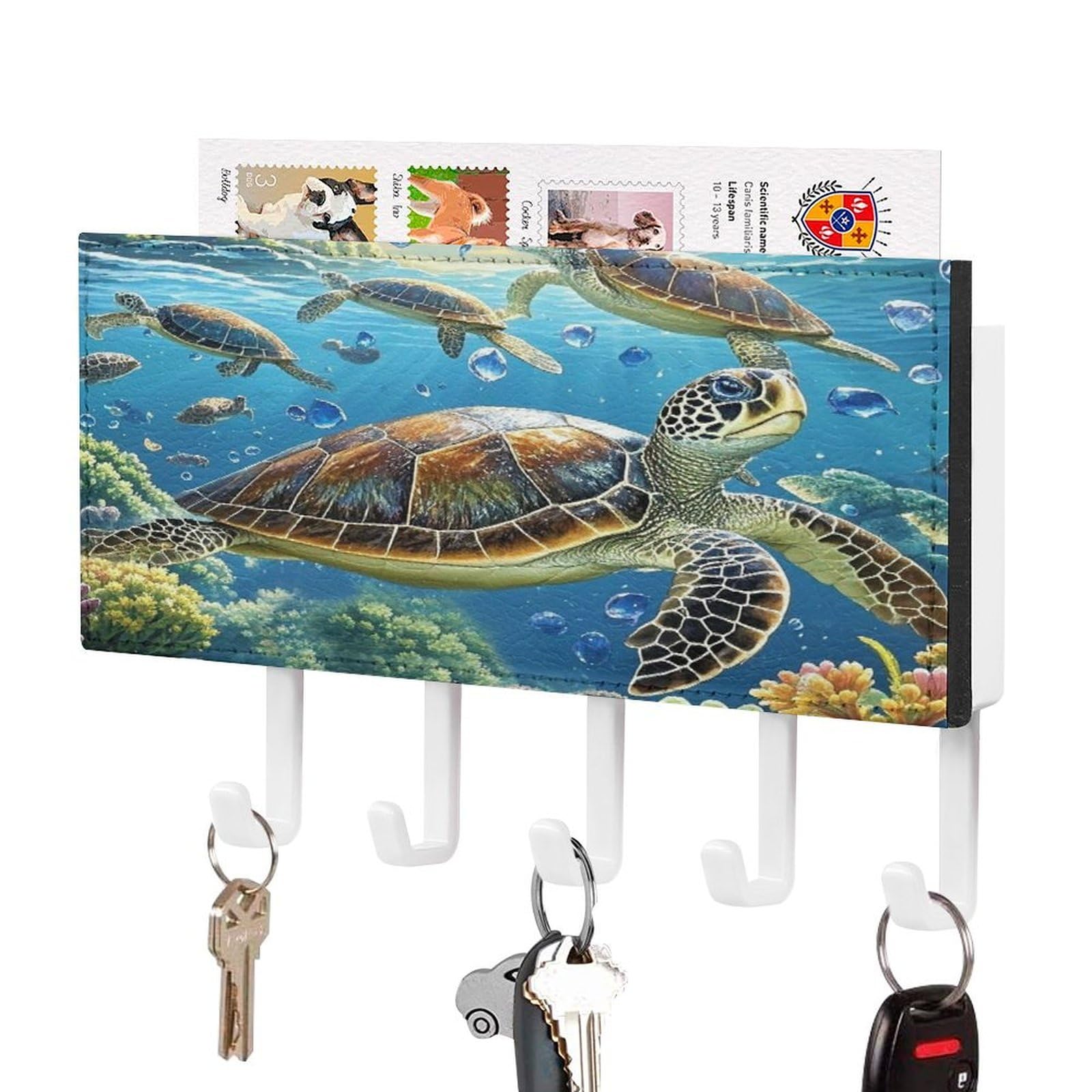 Fekiloot White-Style Sea Turtles Diamond Painting Key Holder Wall Mount Key And Mail Holder Key Hanger With 5 Hooks Decorative Pu Key Rack Hanging Key Hooks For Wall Living Room Kitchen Bathroom Hallway