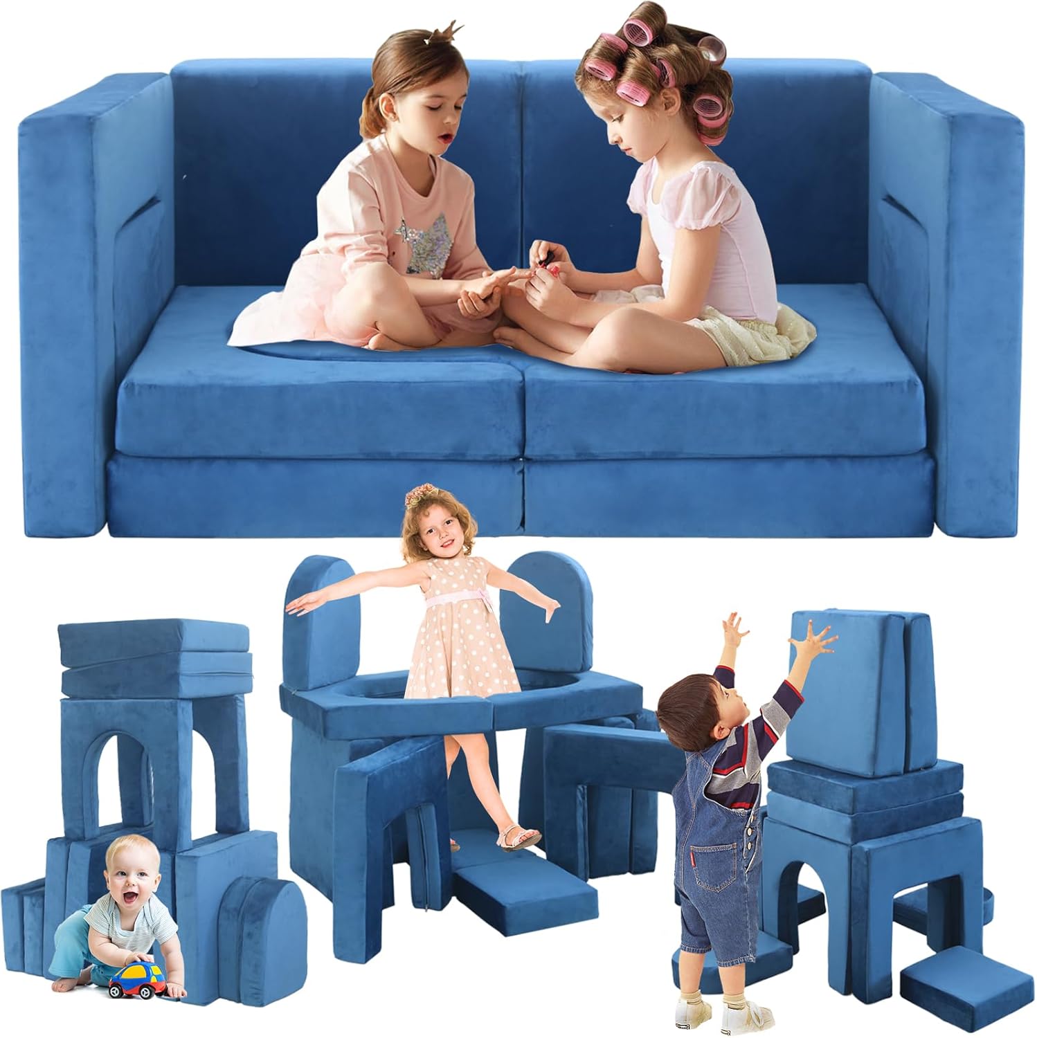 12pcs Modular Kids Play Couch,Kids Couch Building Fort Toddler Modular Sectional Sofa,DIY Creativing Convertible Foam Play Couch for Playroom Bedroom Furniture(Dark Blue,12PACK)