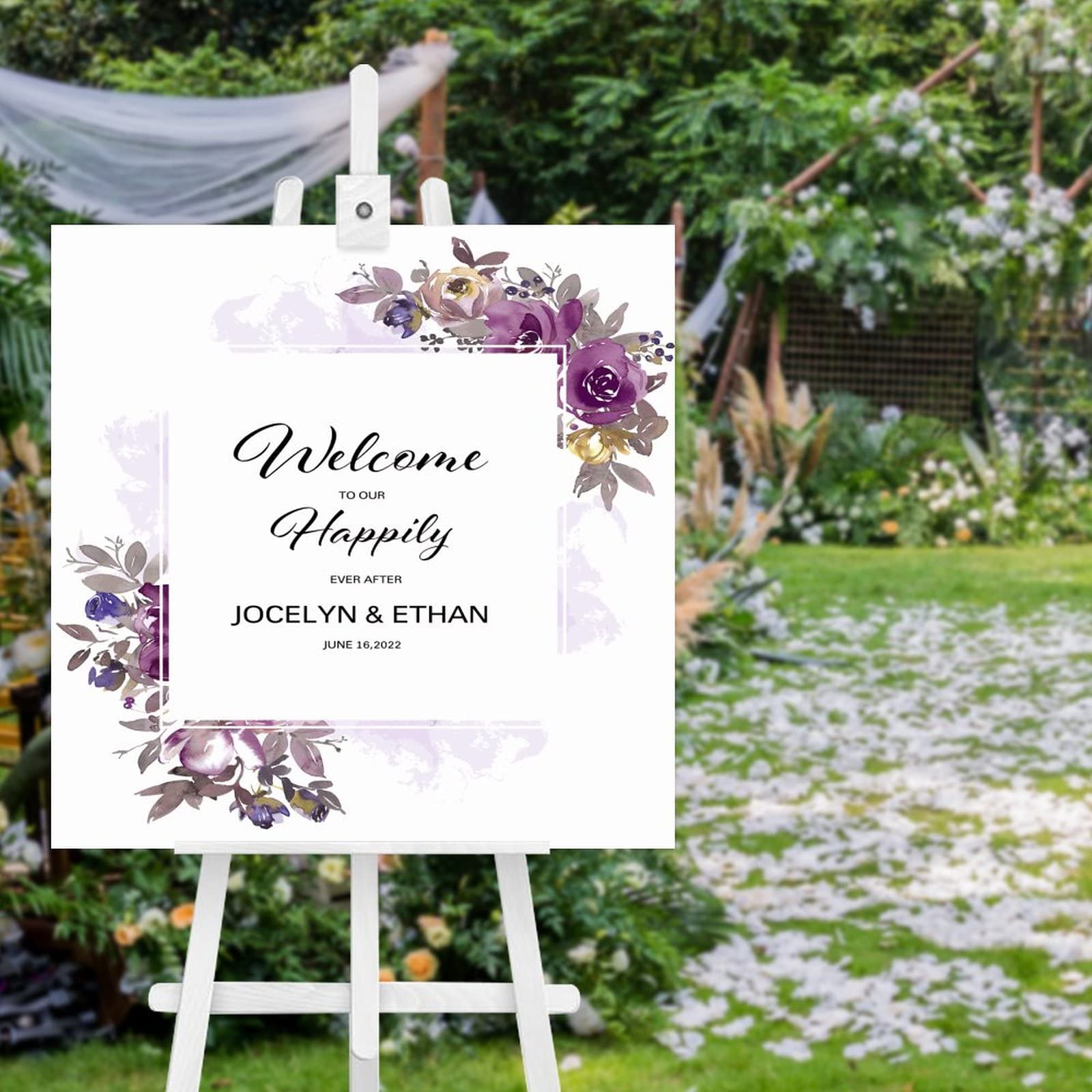 Panneau de bienvenue personnalisé bois évite le stress déco mariage violet