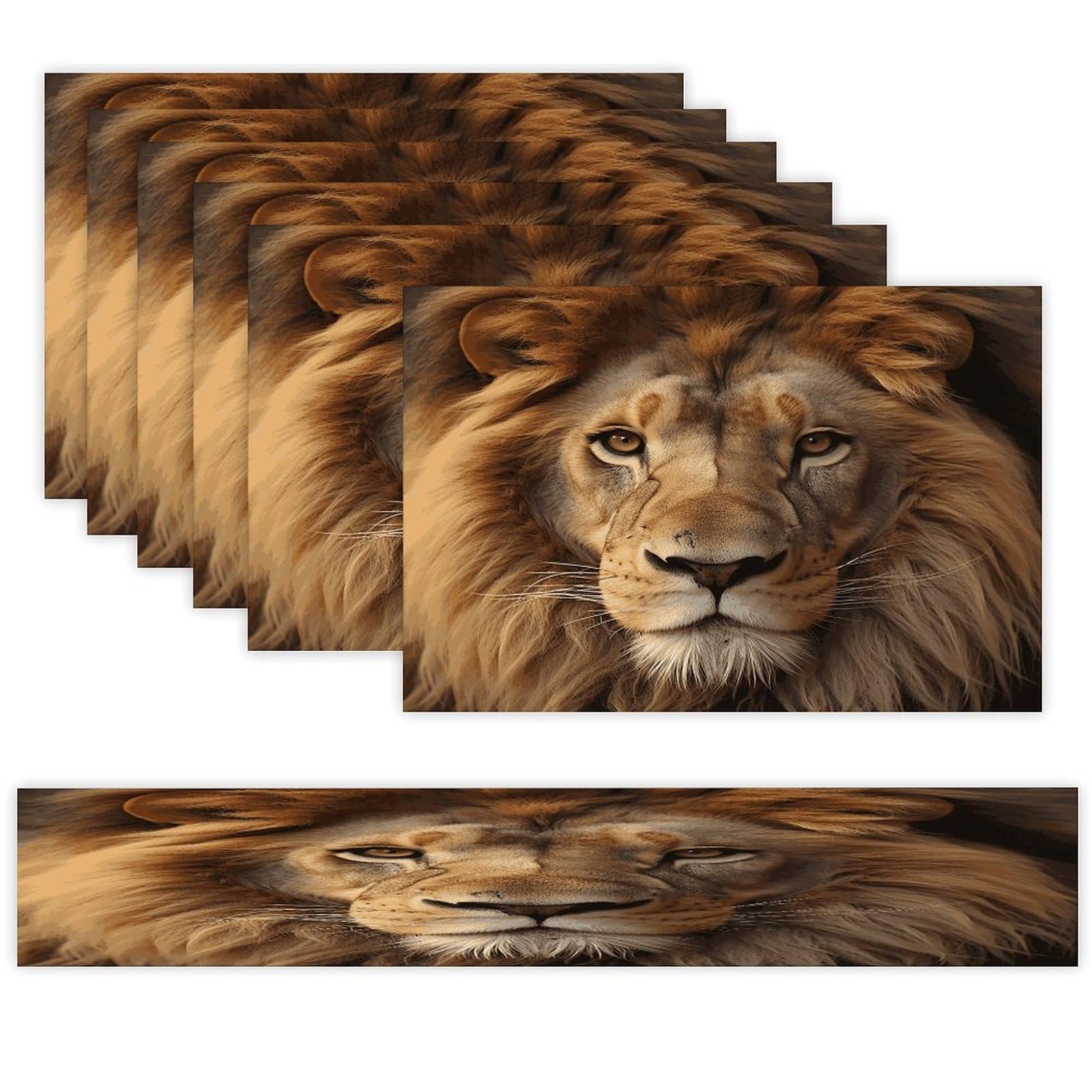 African Lion Head Table Runner and Placemats Set of 6 Wipe Clean Heat Resistant Table Mat with Table Runner Decorations Flax Linen Place Mat Set for Home Kitchen Party Supplies