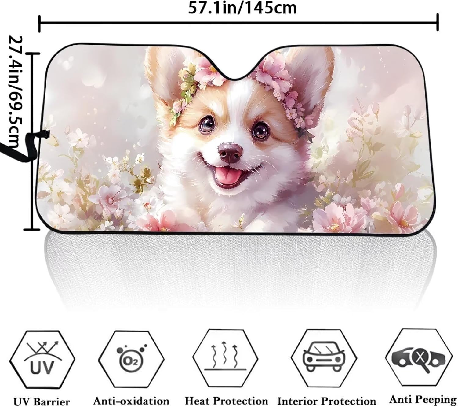 Amzbeauty Corgi Flower Print Upgraded Car Sunshade for Windshield Large Coverage Keeps Interior Cool All Day