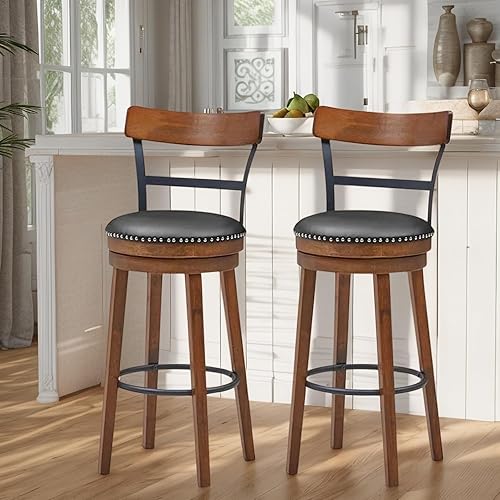ERGOMASTER Bar Stools Set of 2 Swivel Bar Height Bar Stools for Kitchen Island, PU Leather Upholstered Barstools with Back & Solid Rubber Wood Legs
