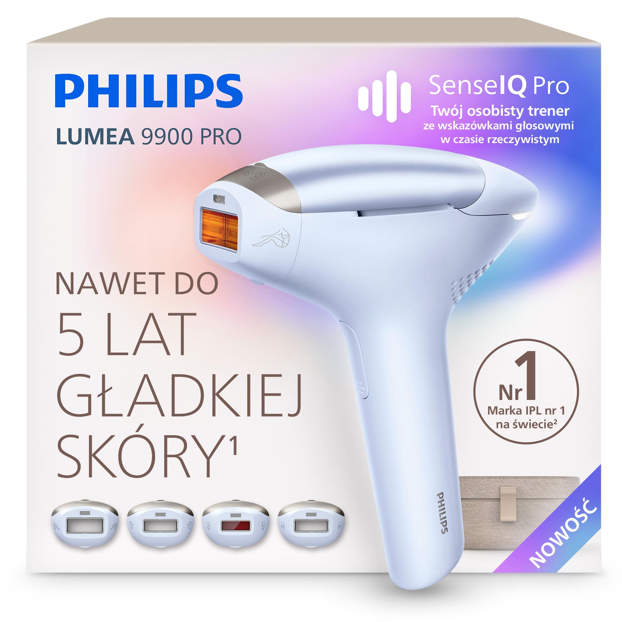Philips Lumea 9900 Pro IPL – urządzenie do depilacji: długotrwałe efekty, łatwość domowego użytkowania, bezpieczeństwo klasy medycznej, 4 nasadki: ciało, twarz, pachy, miejsca wrażliwe, BRC343/00