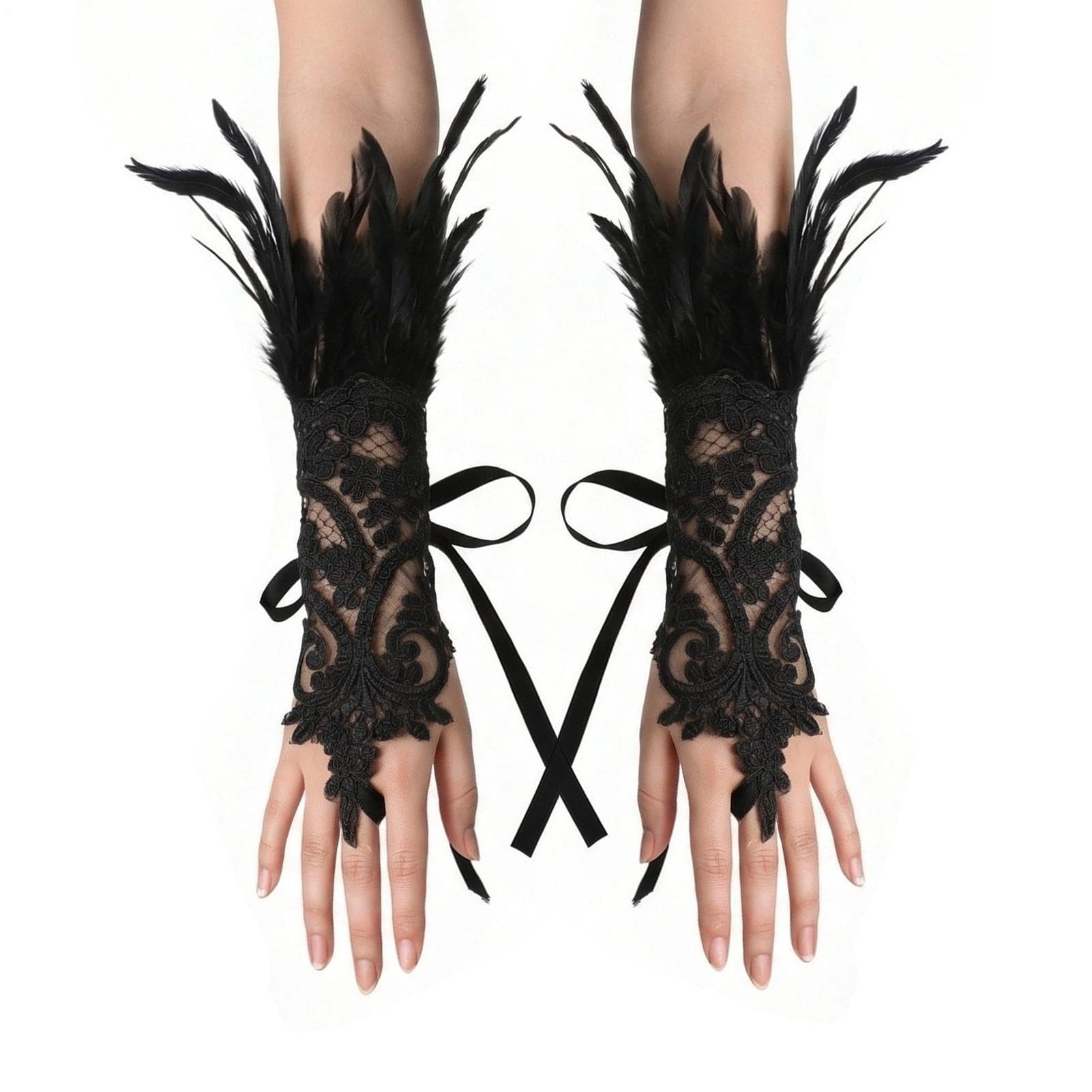 Guantes de encaje sin dedos y puños de muñeca con plumas para disfraz de moda 8