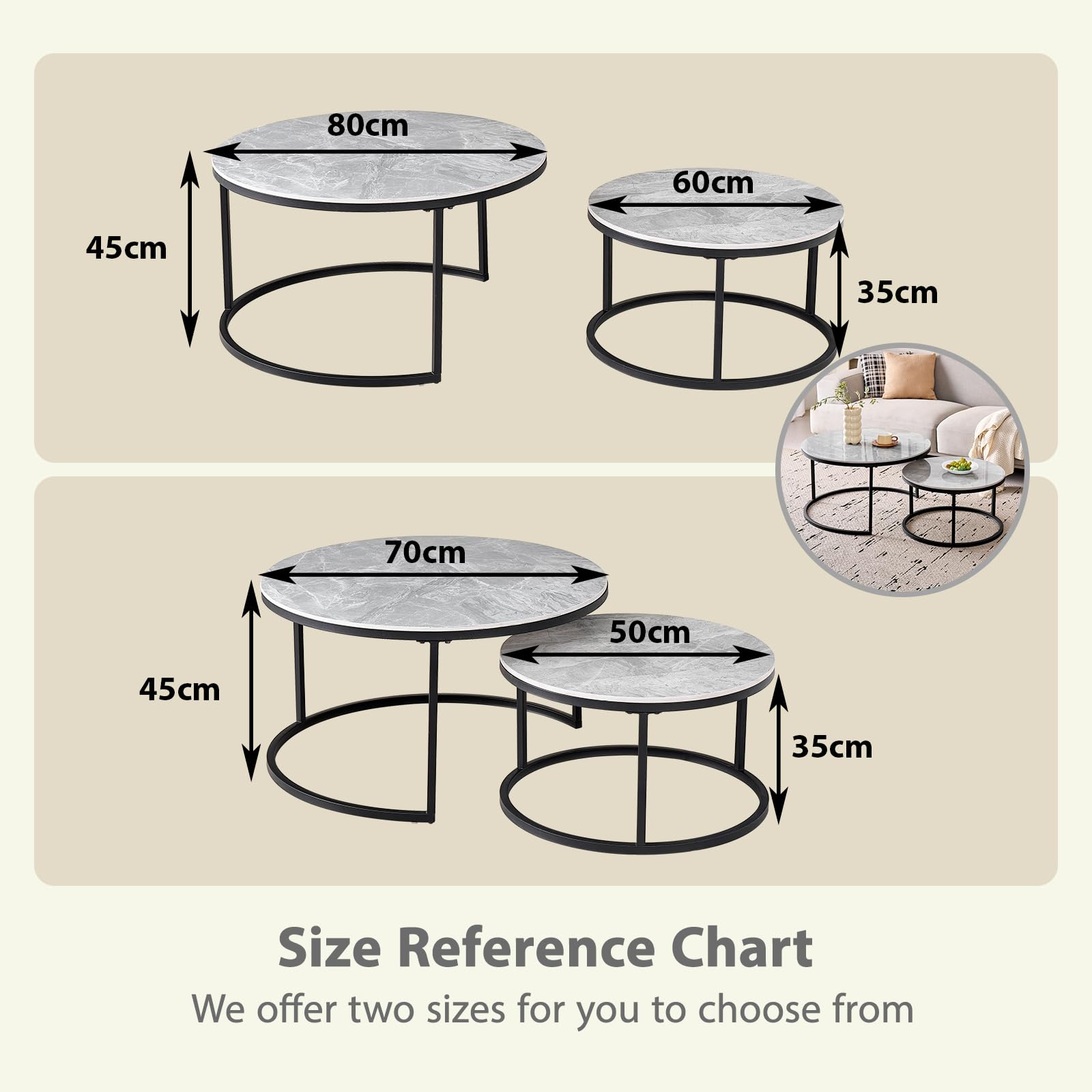 GrandCA HOME Conjunto de 2 Mesas de Centro Redondas, Modernas Mesas Nido para Salón, Estructura de Metal Negro, 50cm y 70cm, Fabricadas en Mármol Gris y Piedra Sinterizada