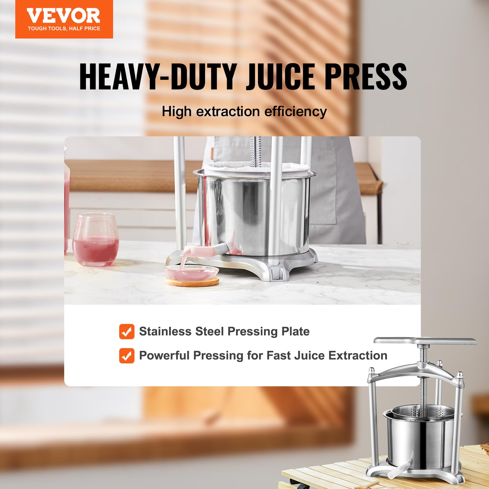 VEVOR Fruit Wine Press, Manual Juice Maker for Wine Making, Cider Apple Tincture Vegetables Honey Olive Oil Press with Two Stainless Steel Barrels, T-Handle, Stable Triangular Structure, 1.3 Gallon/5L