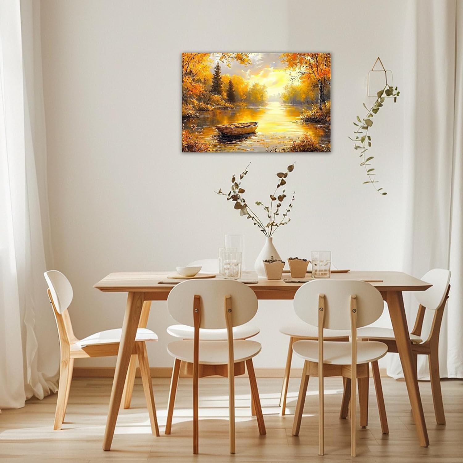 GLOKAKA Fall Landscape Wall Art Rustic Lake Boat Landscape Painting Prints Autumn Scenic Nature Artwork for Dining Room Kitchen Bathroom Bedroom Wall Decor(Artwork-3,24"x36")