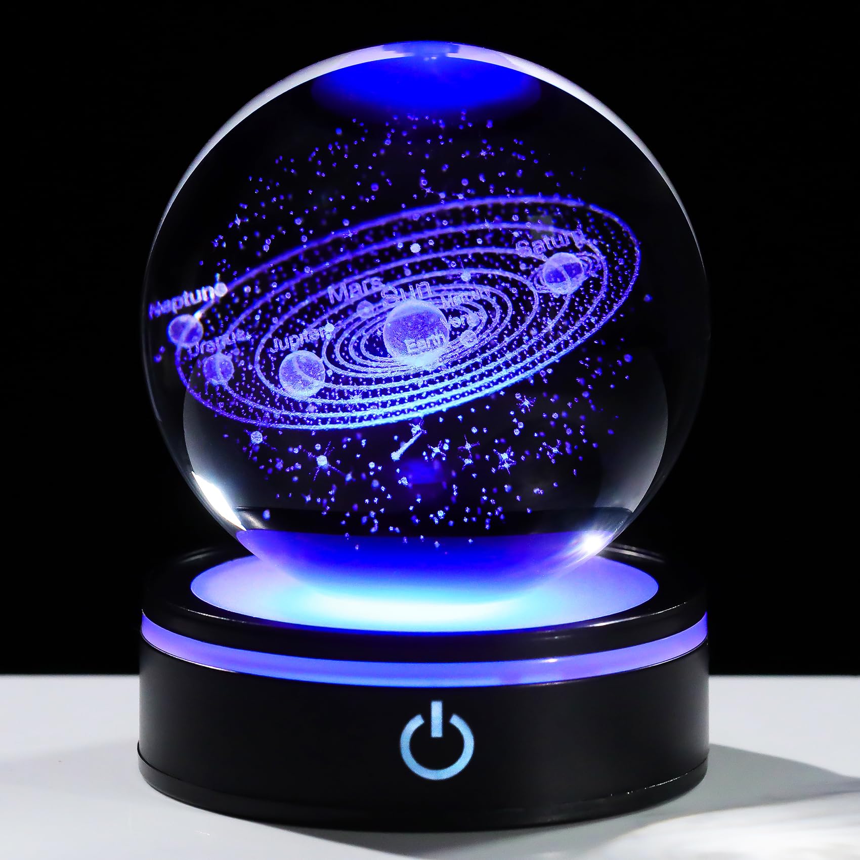 YWHL Sfera di cristallo con sistema solare 3D, 80 mm, con base luminosa, incisa al laser, in vetro, modello a sfera, luce notturna, decorazione spaziale, universo, astronomia, regali per donne,