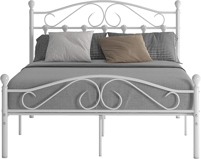 Panana Double Bed Frames 4FT6 Metal Bedstead Base Vintage Platform Mattress Foundation with Headboard Footboard for Kids Adults, White,Suits 135 * 190cm mattress (Model1)
