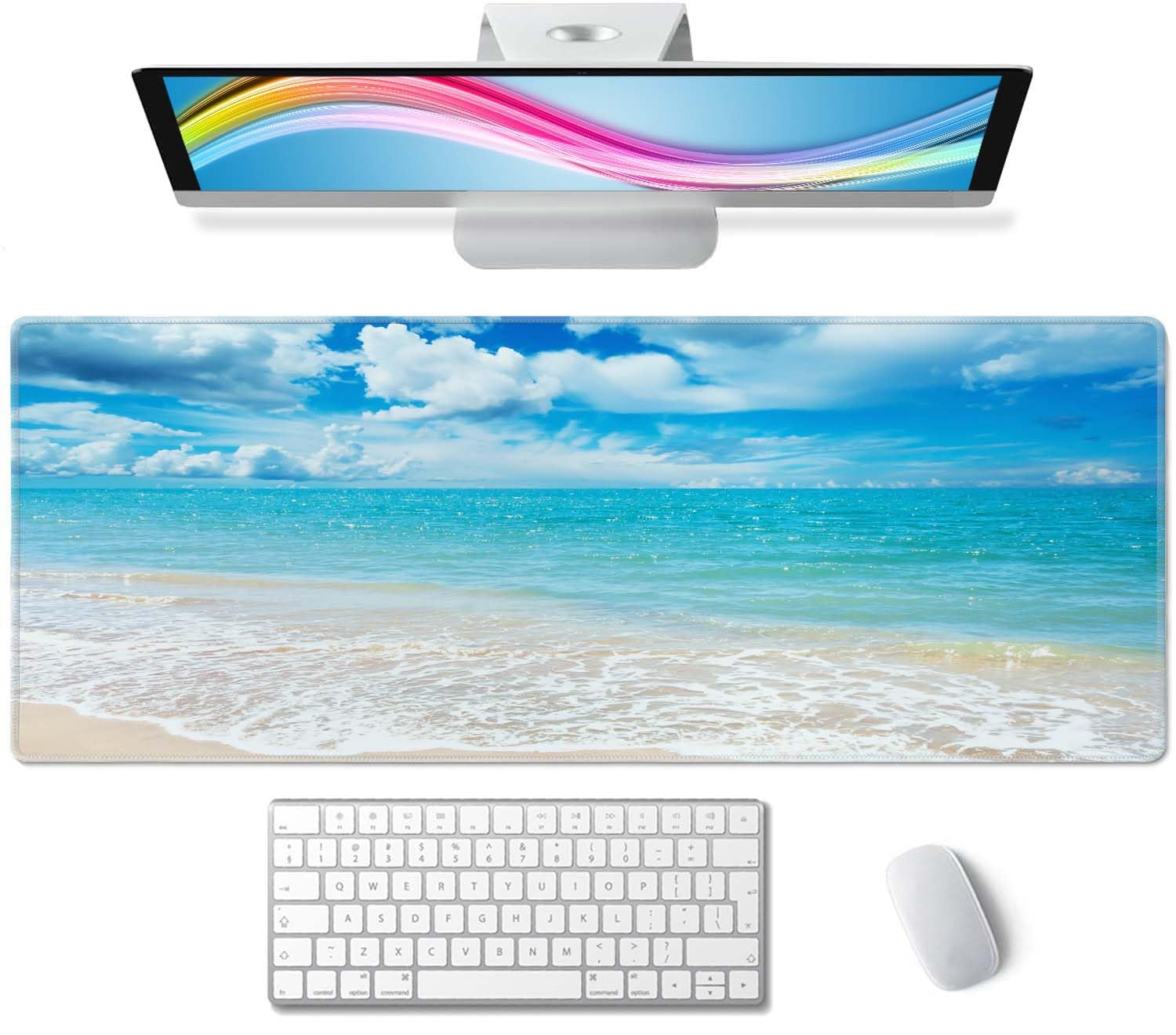 Desk Mat, Beaches Sunny Day Extended Gaming Mouse Pad Large, 31.5"x11.8" Big Mouse Pad with Non-Slip Base and Stitched Edge, Long Computer Keyboard