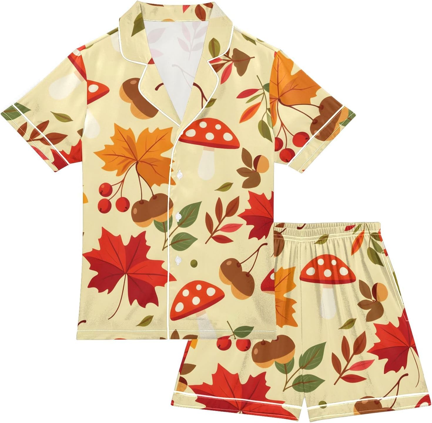Kids Casual Satin Wear Set Maple Leaf Mushroom Pine Cone Pattern Unisex Short Sleeve Clothing for Relaxing