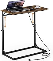 Vagusicc C-Shaped End Table with Charging Station - Adjustable Height 20-33.5" Large Slide Under Sofa Side Table, Brown