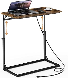 Vagusicc C-Shaped End Table with Charging Station - Adjustable Height 20-33.5" Large Slide Under Sofa Side Table, Brown