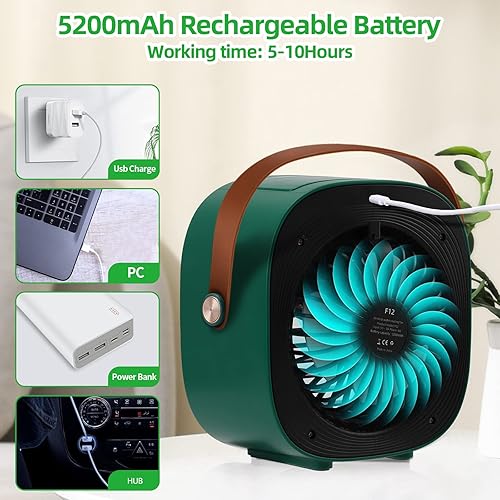 Vista 15 de Aire acondicionado portátil, enfriador de aire personal recargable de 5200 mAh con 3 velocidades de duración de 5 a 10 horas, mini ventilador