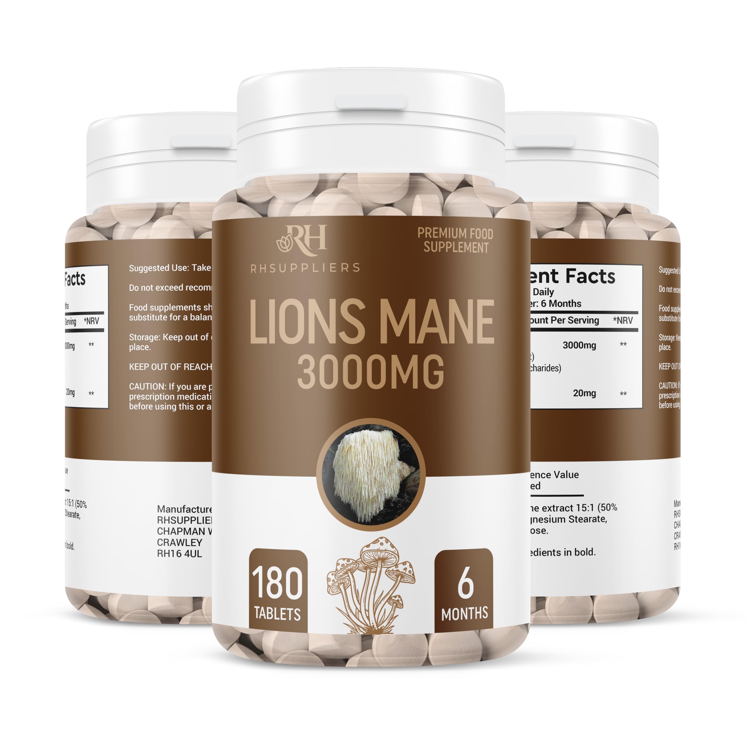 Lions Mane + Black Pepper 3000mg Tablets - 6 Month Supply - Natural Brain Boost with 50% Polysaccharides - Organic Nootropic Supplement