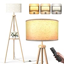YICAIZI Lampada da Terra ad Treppiede LED con Ripiani Portaoggetti – 12W Piantana da Lettura Solido Regolabile con Telecomando & LED E27 per Soggiorno, Camera da Letto, Ufficio – Legno Naturale