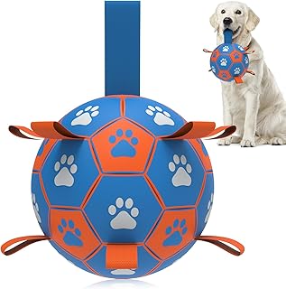 QDAN Dog Ropes Toys Soccer Ball with Straps, Interactive Dog Toys for Tug of War, Puppy Birthday Gifts, Dog Tug Toy, Dog Water Toy, Durable Dog Balls for Medium & Large Dogs- Blue&Orangeï¼ˆ8 Inchï¼‰