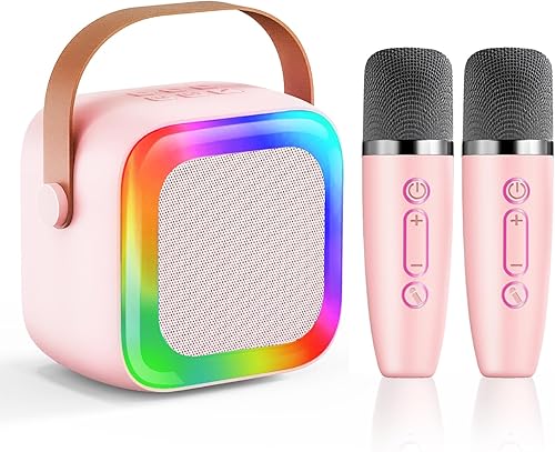 Mini máquina de karaoke para niños, adolescentes y adultos, máquina de karaoke para niños con 2 micrófonos inalámbricos y luces LED, juguetes para