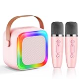 Mini Karaoke Machine for Kids Teen Adults, Kids Karaoke Machine with 2 Wireless Microphones and LED Lights Toys for Party, Home, Gifts for 4 5 6 7 8 9 10 11 12+ Years Girls Boys(Pink)