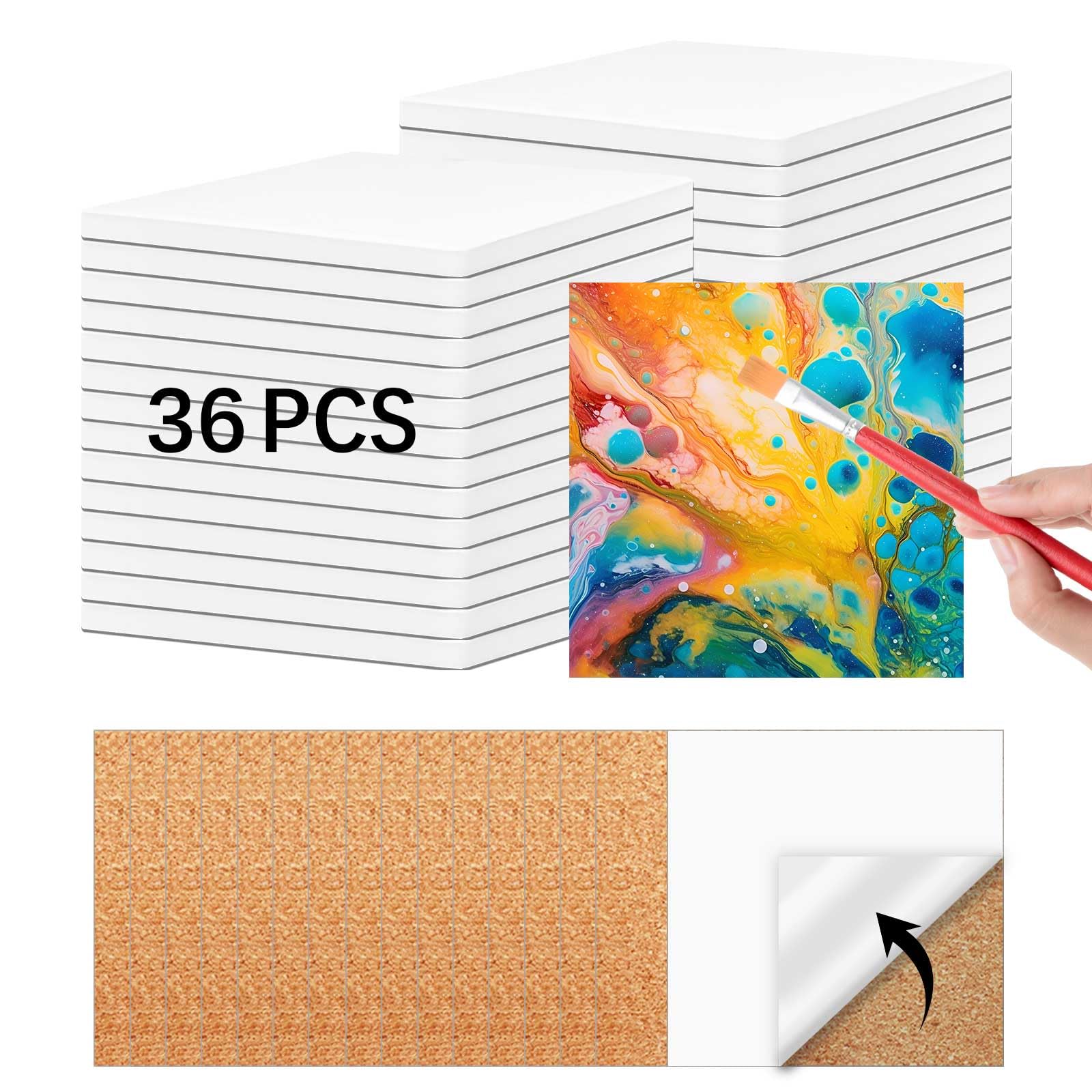 36 PCS Ceramic Tiles for Crafts and self-Adhesive Cork mat,unglazed Ceramic Coasters for Crafts,Use with Alcohol Ink or Acrylic Pouring Make Your Own DIY Coasters