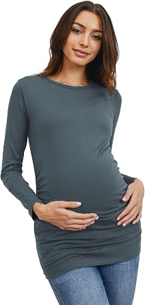 LaClef Womens Round Neck Long Sleeve Side Ruched Maternity Top