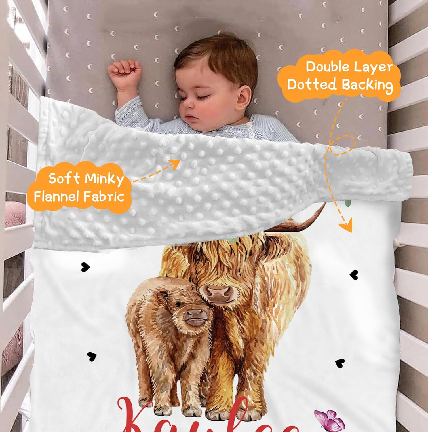 Dyoart Custom Baby Quilt Blanket - Personalized Name with Highland Cattle Flower Design - Safe & Breathable Double Layer Dotted Backing Comforter for Toddlers (40x60inch)