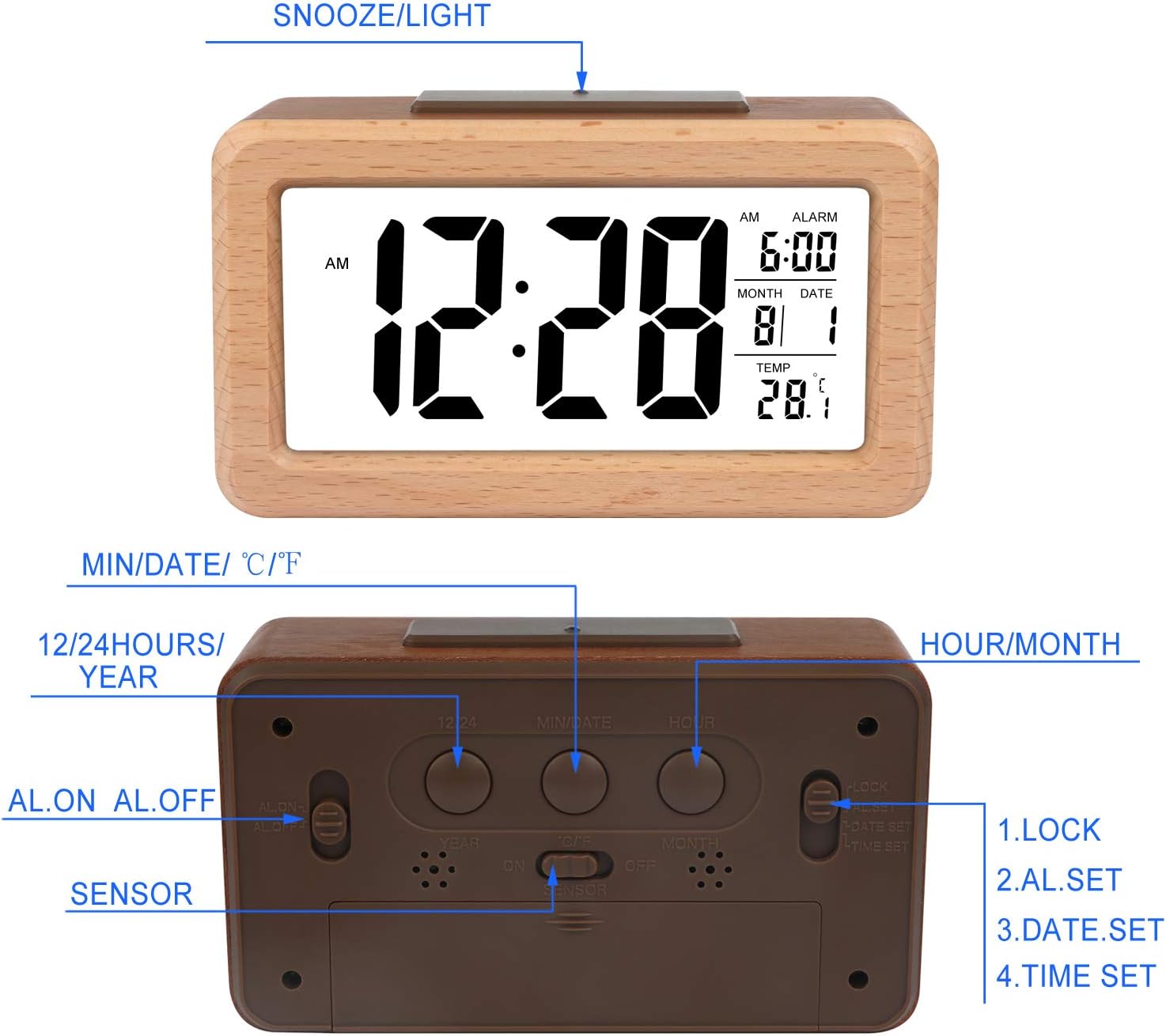 DTKID Easy Setting Wooden Digital Alarm Clock with Calendar & Temperature,Darkness Sensor,Backlight,12/24 Hours,Snooze Function,for Bedroom,Home and Office (Dark Brown)