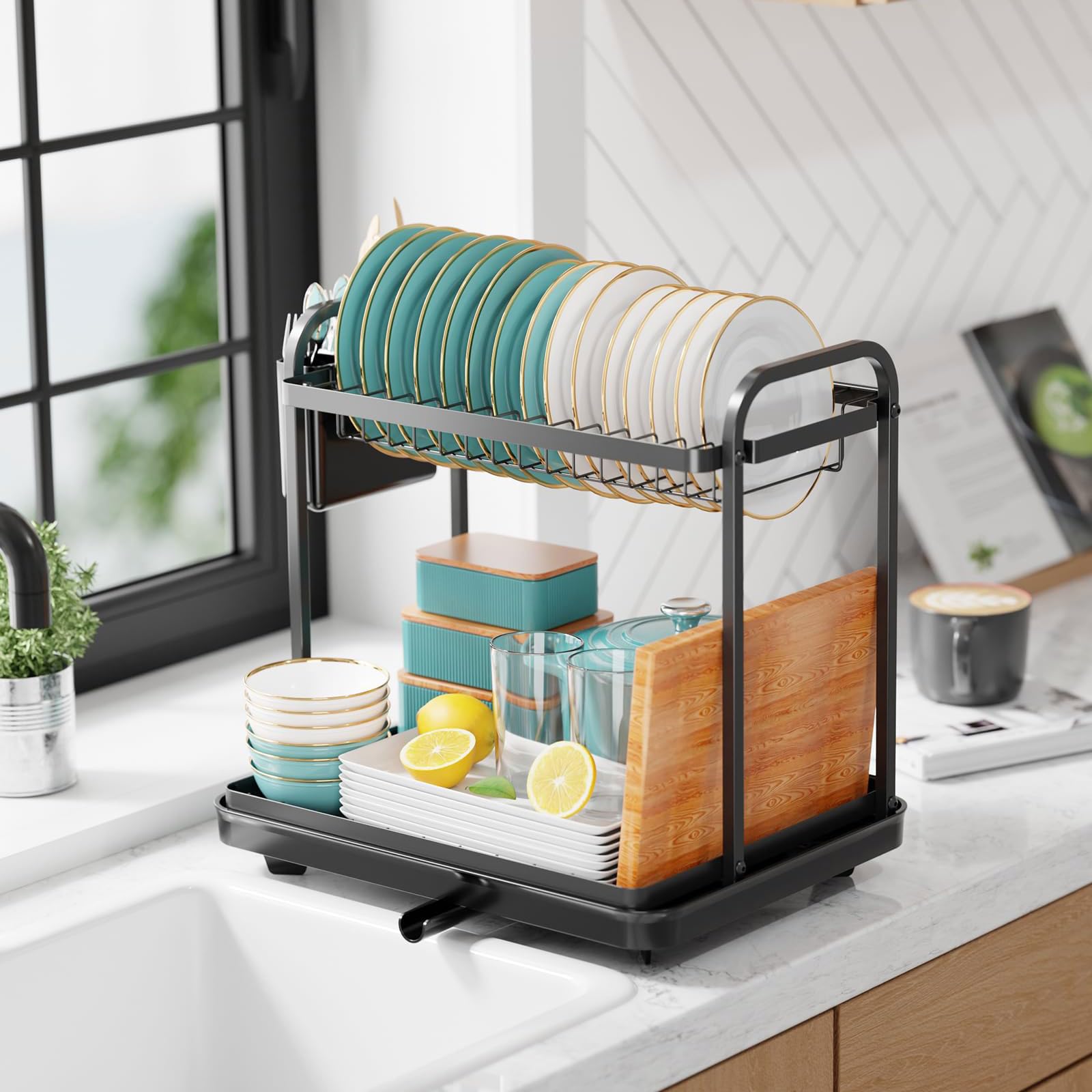 Abtropfgestell Geschirr 2-stufiges Abtropfgestell aus Edelstahl mit Besteckhalter Platzsparender Küchenorganizer Multifunktionaler Geschirrständer für die Küchentheke Schwarz 38*28*38cm