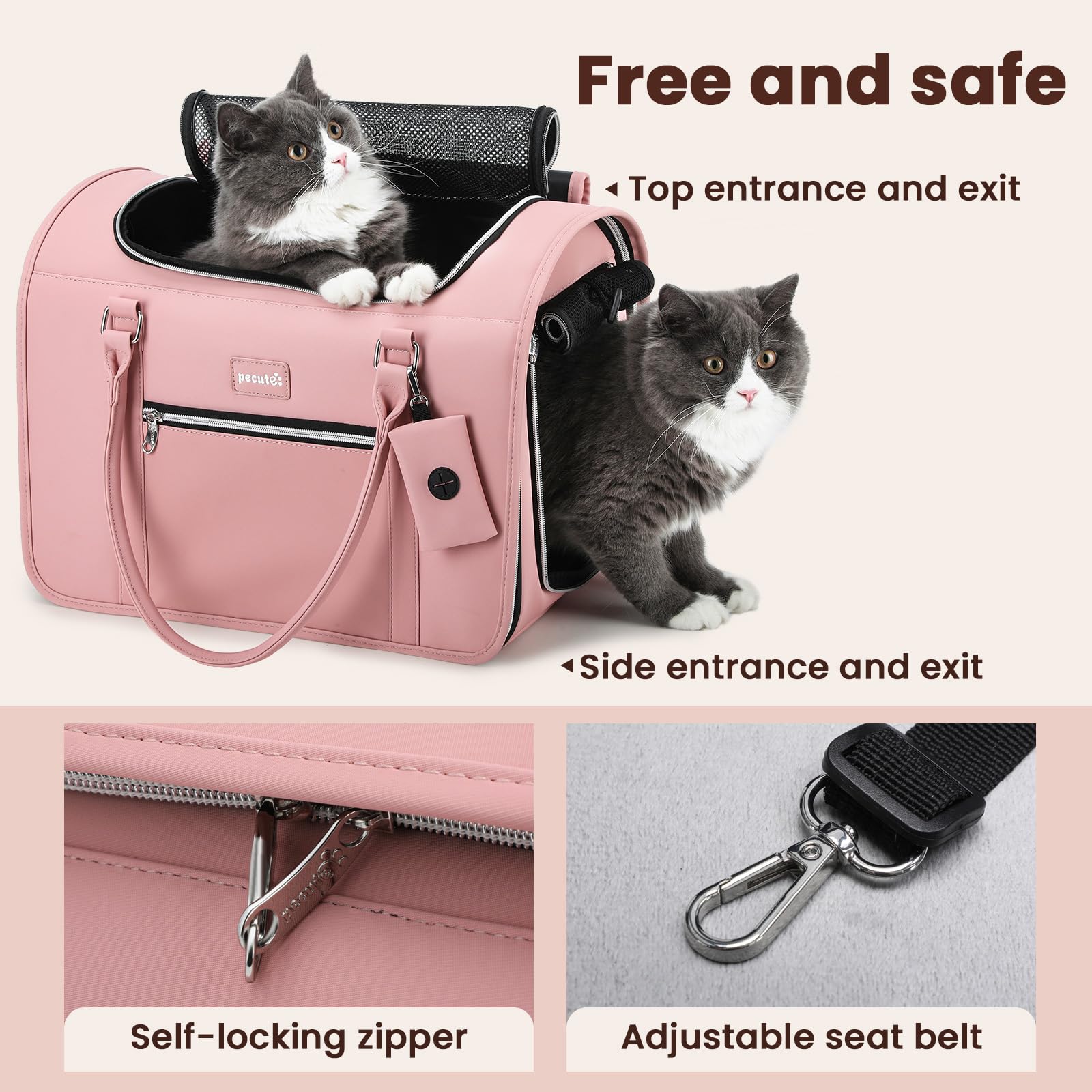 Pecute Transportin Gato, Bolso de Transporte de Gatos de Moda < 6 kg, Tela PU y Hardware con Cuerda de Seguridad Incorporada, Plegable y Portátil para Viajar