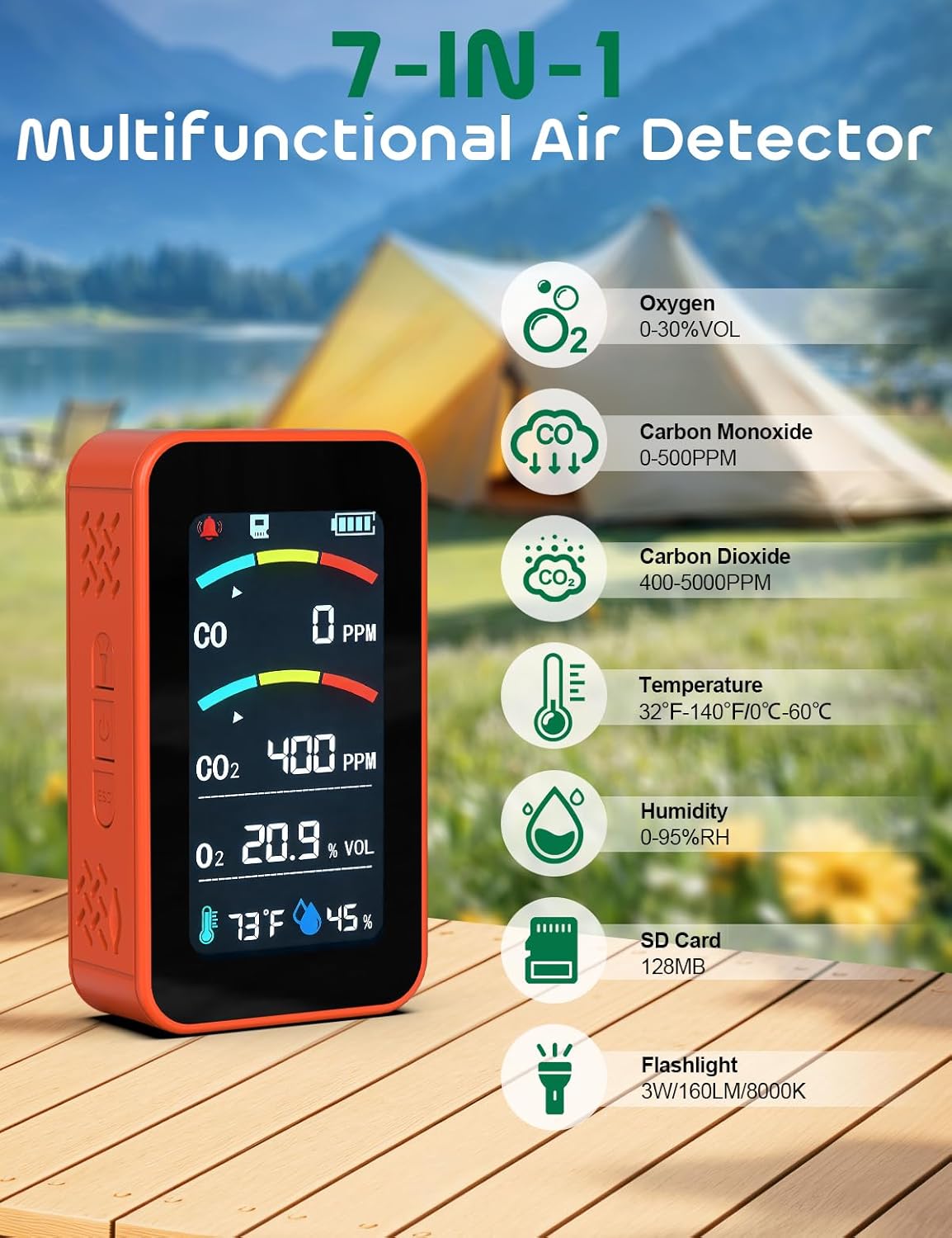 Oxygen Detector, SQECH 7-in-1 Rechargeable Oxygen Monitor Measures CO/CO2/O2/Temperature/Humidity, with Flashlight & SD Card, Oxygen Meter with Alarm & 3.27" Display, for Home, Camping, RV, Travel