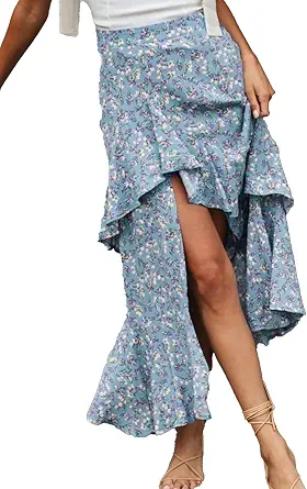 BTFBM Women 2023 Summer Spring Boho Long Skirts Dress Floral Print Elastic Waist Split Ruffle High Low Beach Maxi Skirt