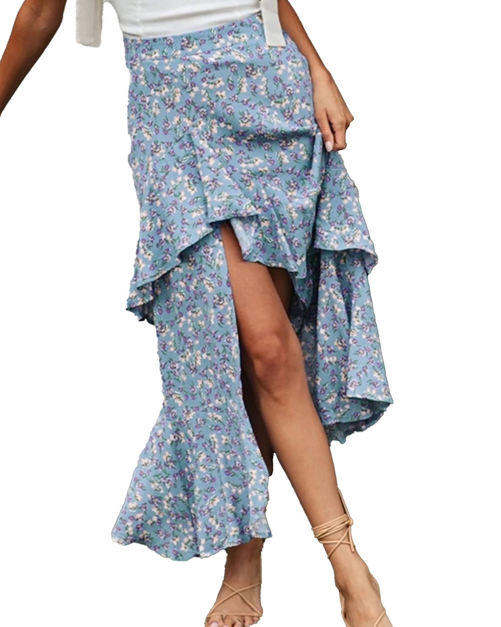 BTFBM Women 2026 Spring Summer Long Skirts Dress Boho Floral Elastic Waist Split Ruffle High Low Beach Maxi Skirt Clothes