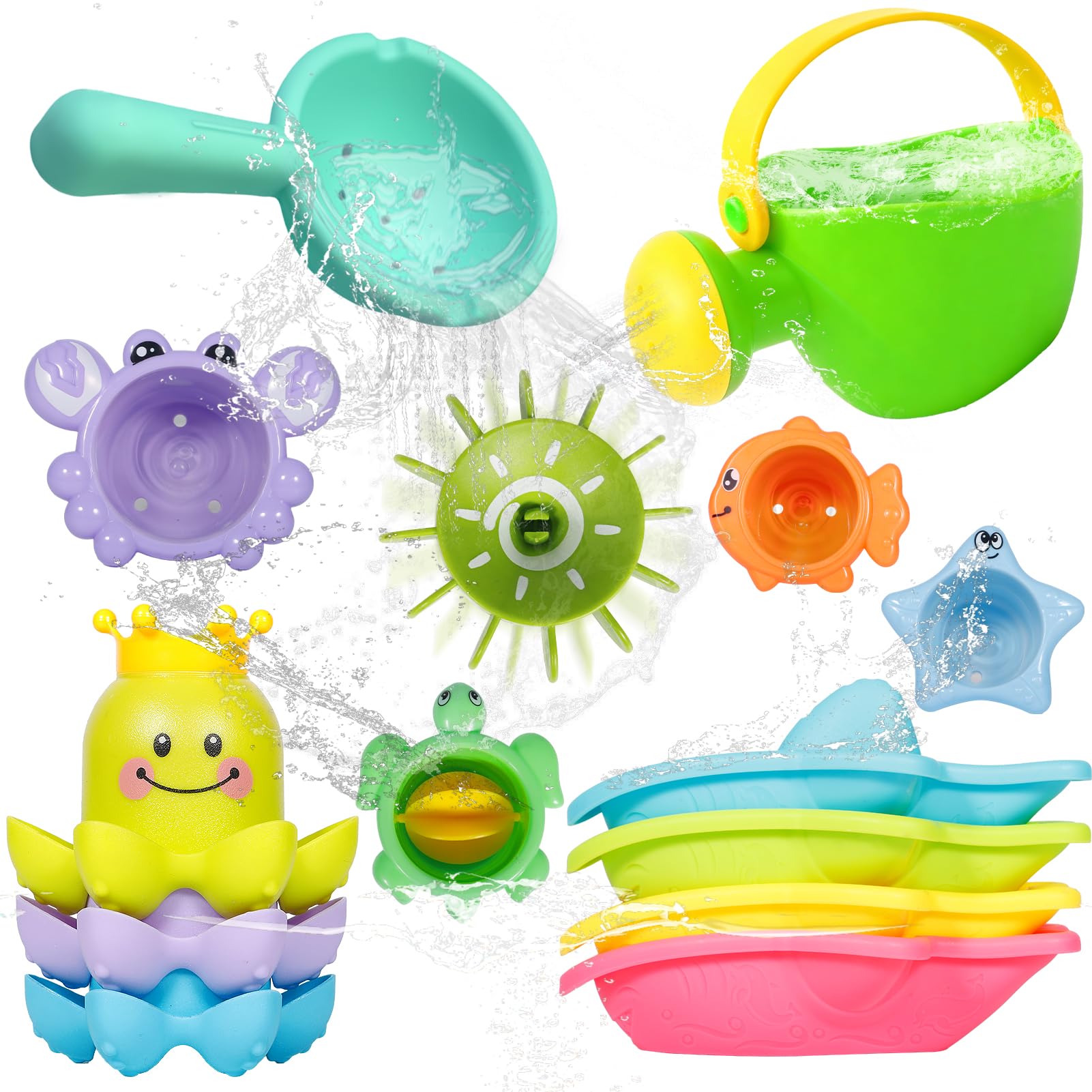 Giochi Bagnetto Neonato 14 Pezzi, Set Giochi Vasca da Bagno Bambini con Annaffiatoio, Ruota d’Acqua, Bicchieri Impilabili e Barchette, Giochi Bagnetto Neonato Atimuffa per Bagno e Piscina