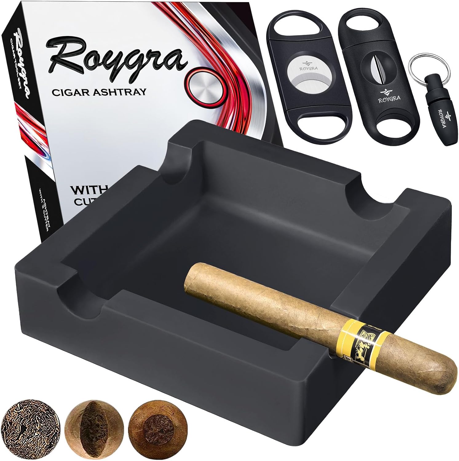 roygra Outdoor Ashtray, Ash Tray Outdoors, Cigar Ashtray for Outside Patio with 3 Cutter, Silicone Ashtrays for Outdoors with 4 Holder, Cigars Smoking Accessories for Men, Home Décor Smokers Indoor