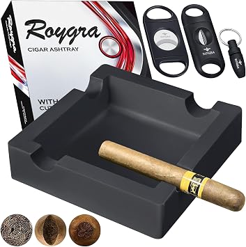 roygra Outdoor Ashtray, Ash Tray Outdoors, Cigar Ashtray for Outside Patio with 3 Cutter, Silicone Ashtrays for Outdoors with 4 Holder, Cigars Smoking Accessories for Men, Home Decor Smokers Indoor