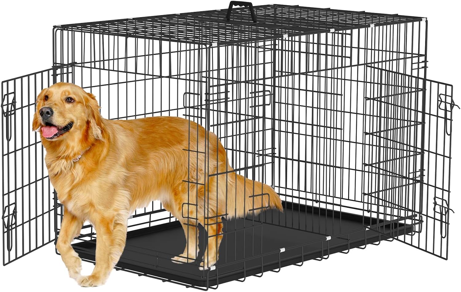 42 Inch Dog Crate Dog Cage with Double Door & Carrying Handle - Large Metal Dog Crates Dog Kennel with ABS Tray for Large Dog, Foldable & Portable Perfect for Indoor & Outdoor, Black