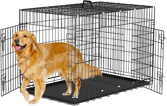 42 Inch Dog Crate Dog Cage with Double Door & Carrying Handle - Large Metal Dog Crates Dog Kennel with ABS Tray for Large Dog, Foldable & Portable Perfect for Indoor & Outdoor, Black