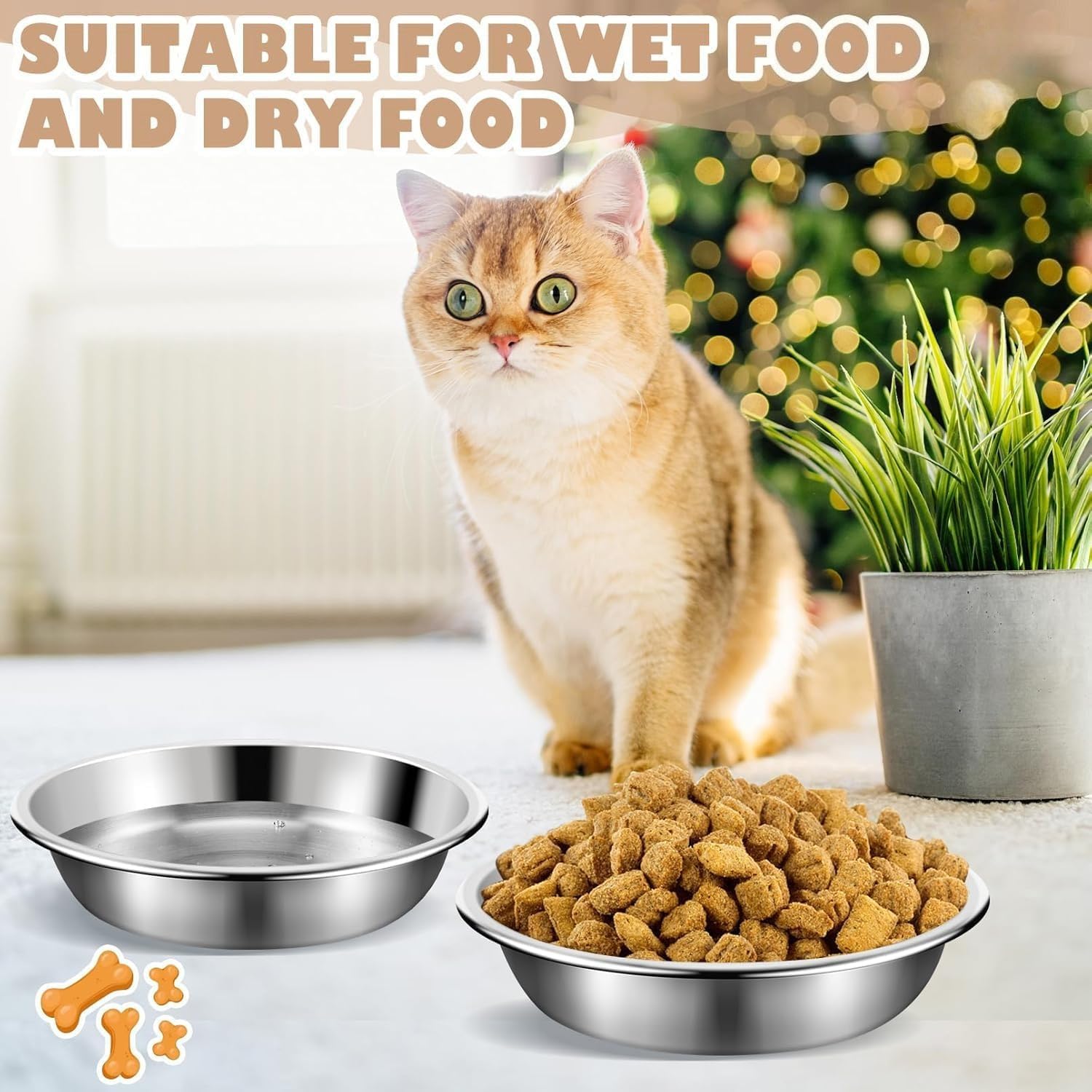 12pcs Metal Cat Bowls, 5.5in Stainless Steel, Shallow Wide Food Dishes, Relief Pet Bowls for Elevated Stand, Dishwasher Safe