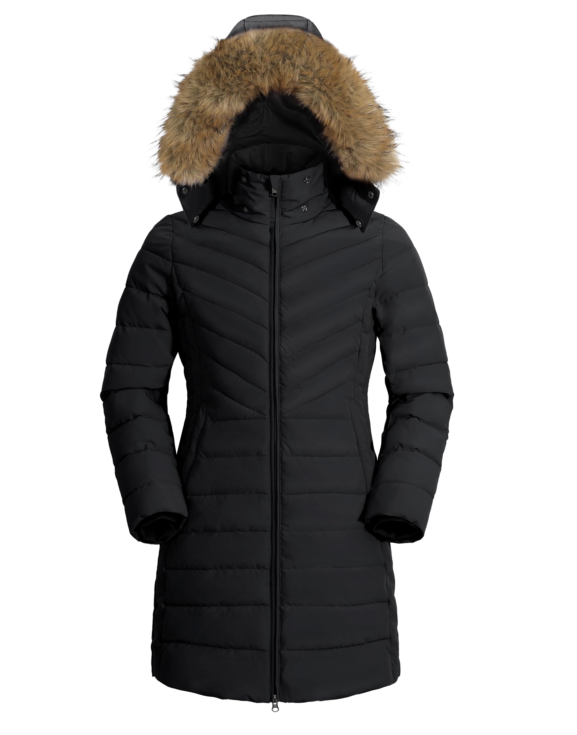 Pioneer Camp Cappotto invernale da donna, lungo, caldo, trapuntato, impermeabile, invernale, con colletto in pelliccia sintetica rimovibile