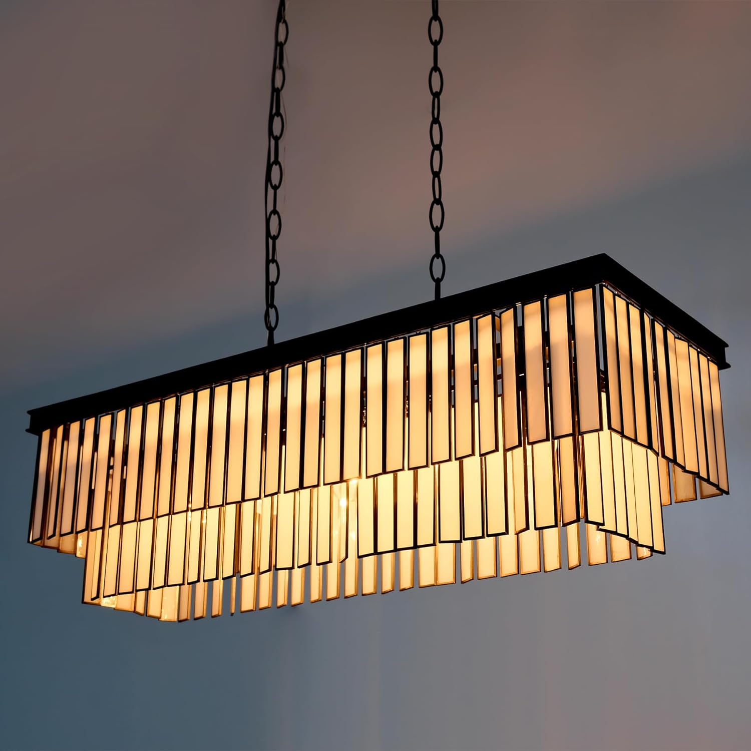 Tiffany Chandelier with Cream White Glass Pieces, 5 Lights Black Modern Pendant Light for Dining Living Room, 2-Tier Rectangle Crystal Lighting Fixtures Entryway Kitchen Island L33 Inch
